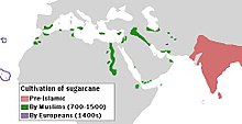 Map showing sugar cane India as the origin of the westward spread, followed by small areas in Africa, and then smaller areas on Atlantic Islands west of Africa