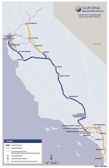 CAHSR connections to other rail systems and "bookend" investments. Not all the other lines are named, and Madera (just south of the wye, between Merced and Fresno) is not shown. Red stars indicate investments in other rail systems. Statewide Connectivity Map 2016.pdf