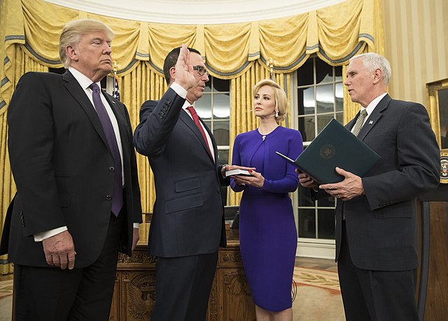 Mnuchin being sworn in at the Oval Office