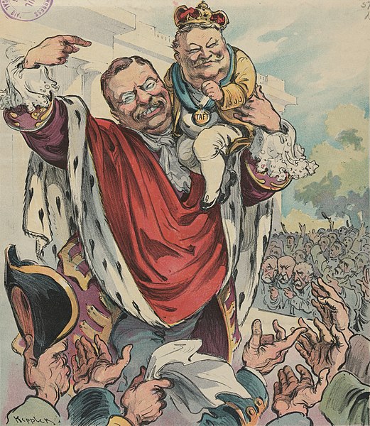 Roosevelt introduces Taft as his crown prince: Puck magazine cover cartoon, 1906.