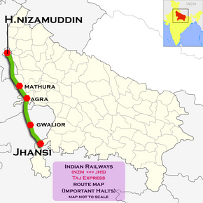 Taj Express (Jhansi - Hazrat Nizamuddin) route map