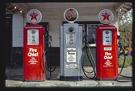Texaco gas pumps in Milford, Illinois, photographed in 1977