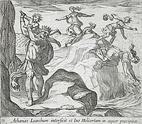 The insane Athamas killing Learchus, while Ino and Melicertor jump into the sea, by Wilhelm Janson (Amsterdam, NL), Antonio Tempesta (Italy, Florence, 1555–1630) at Los Angeles County Museum of Art, Los Angeles, CA