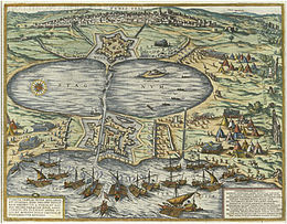 De Ottomaanse vloot valt Tunis aan bij La Goulette Braun en Hogenberg 1574.jpg