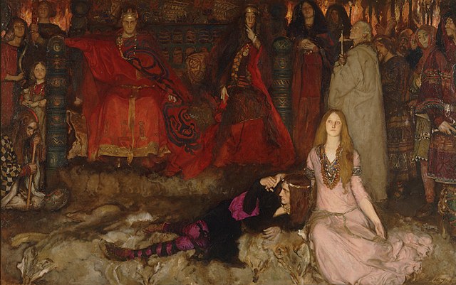 Hamlet reclines next to Ophelia in Edwin Austin Abbey's The Play Scene in Hamlet (1897)