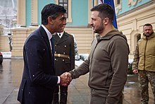 Sunak with Ukrainian president Volodymyr Zelenskyy during his first visit to Kyiv in November 2022 The President of Ukraine met with the British Prime Minister in Kyiv. (52509631592).jpg