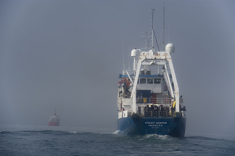File:The light icebreaker and buoy tender CCGS Edward Cornwallis, left, escorts the survey research vessel Strait Hunter to harbor after a simulated capture by a Royal Canadian Mounted Police Marine Security 120508-N-HN353-380.jpg