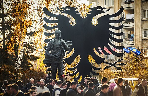 The Isa Boletini statue in the centre of Mitrovica, Kosovo inaugurated during the 100th anniversary of the independence of Albania