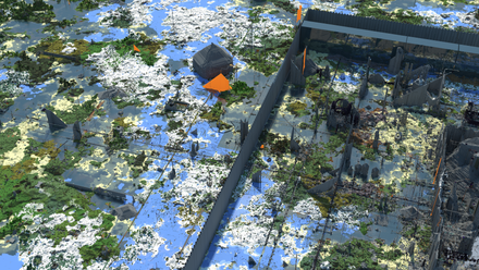 An aerial render of 2b2t's spawn region as of late 2017, displaying the various layers of spawn with progressive destruction proceeding inwards toward the center of the world