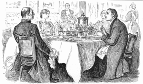 Right Reverend Host: "I'm afraid you've got a bad Egg, Mr Jones!"; The Curate: "Oh no, my Lord, I assure you! Parts of it are excellent!"
True Humility by George du Maurier, originally published in Punch, 9 November 1895. True humility.png