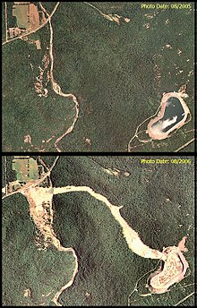 Aerial photos show the upper reservoir before and after its failure.