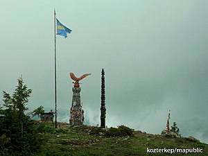 Turul statue near at the peak of the Madarasi-Hargita (Harghita-Mădăraș), the holy mountain of the Székelys (1801 m) in Transylvania, Romania (2014)
