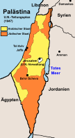 Palästinensisches Gebiet, wie es ihnen 1947 im UN-Teilungsplan für Palästina zugesprochen wurde (de jure besteht diese Regelung völkerrechtlich immer noch)
