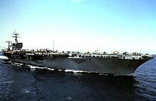 Dwight D. Eisenhower comes alongside USS Concord (AFS-5) for UNREP in the Mediterranean, 1983 USS Dwight D Eisenhower in Med 1983.jpg