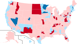 Map showing districts of incumbents who did not seek re-election -- in dark blue (Democrats) and dark red (Republicans) US House 2018 Retirement.svg