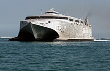 TSV-1X at sea in 2003 US Navy 030127-N-3642E-004 United States Army Vessel (USAV) Theater Support Vessel (TSV-1X) Spearhead.jpg