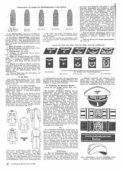 File:Uniformen-Markt 1941-03-01 - Deutsche Reichsbahn Dienstkleidung -anzug - Nazi Germany national railway uniforms insignia Feb 1941 02 Shoulder boards collar tabs tunics coats caps cuff title belts. No known copyright 05-41-02.jpg