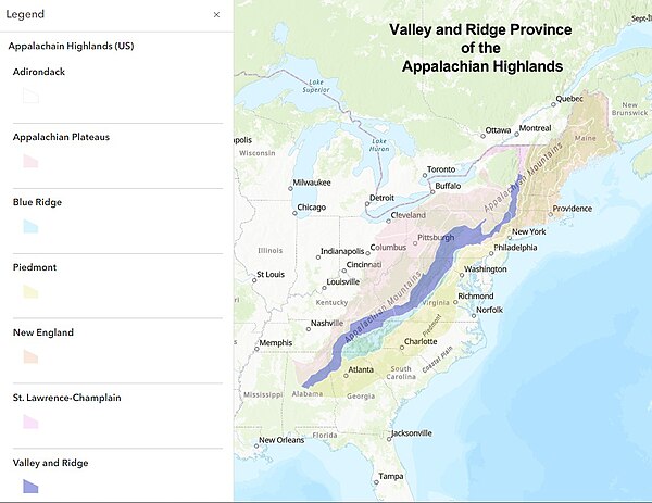 Valley and Ridge province as part of the Appalachian Highlands division, based on the U.S. Geological Survery physiographic classification