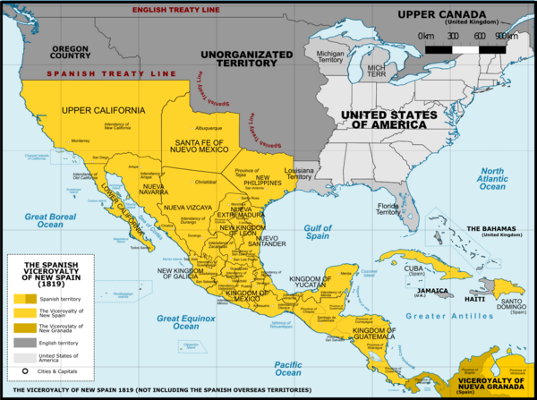 Map of the Viceroyalty of New Spain in 1819. Not including the viceroyalty's overseas territories in the Pacific Ocean.