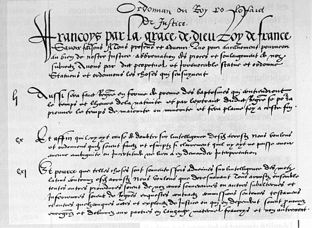 The first manuscript page of the Ordinance of Villers-Cotterêts, 1539.