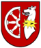 Sindolsheim - „In Rot vorne ein rechtshalbes achtspeichiges silbernes Rad, hinten ein silberner Hunderumpf mit goldenem Zackenkragen.“