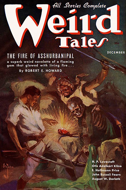 Cover of the December 1936 Weird Tales, by J. Allen St. John, illustrating Robert E. Howard's The Fire of Asshurbanipal