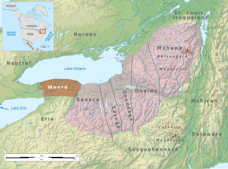 1630s: The French report the Wenro's territory was north and east of the Erie peoples, East of the Neutral people across the Niagara River and west of the Genesee River valley and the Genesee Gorge across which the Seneca people had their home. Wenro Territory ca1630 map-en.svg