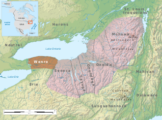 Approximate extent of Wenro territory c. 1630 Wenro Territory ca1630 map-en.svg