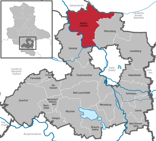 Poziția orașului Wettin-Löbejün pe harta districtului Saalekreis