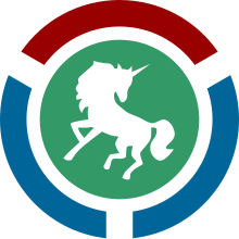 Wikimedia Cloud Services logo: silhouette of a unicorn on the Wikimedia community logo base of green circle surrounded by 1 red and 2 blue 115 degree arcs evenly spaced around its perimeter.