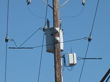 Three wireless overhead powerline sensors hanging from the phases of a 4160 Volt powerline and network node attached to a power pole. The photo also shows an unrelated distribution transformer, which reduces 4160 V to 240/120 V. WirelessPowerlineSensors.jpg