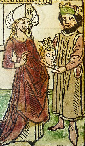 Woodcut illustration of Chiomara, printed by Johannes Zainer ca. 1474 Woodcut illustration of Chiomara, wife of Orgiagon of Galatia - Penn Provenance Project.jpg