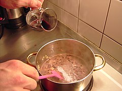 3. deglazing with red wine