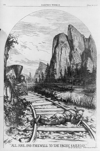 File:"All Hail and Farewell to the Pacific Railroad." Wendell Phillips (Indian with knife lying on track in path of oncoming locomotive, Rocky Mountains in background) LCCN99614237.jpg