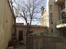 Rear area of buildings, with two trees