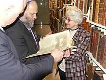 Israel MK Effie Eitam reviewing a 16th-century Hebrew Bible at American Bible Society's Bible Library with Dr. Liana Lupas. .ABS EITAM 16thCent.JPG