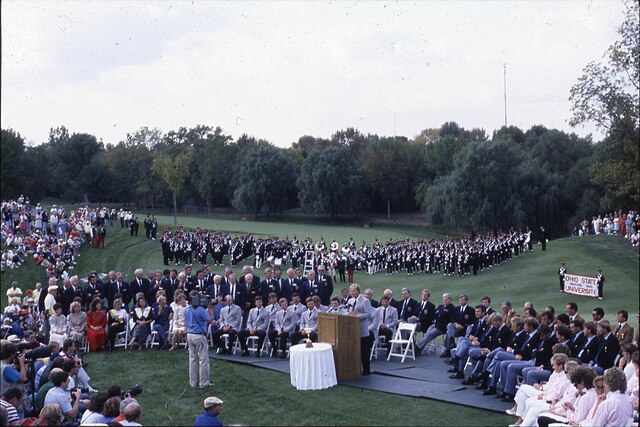 Opening ceremonies for the 1987 Ryder Cup gold tournament on the 18th green of the Muirfield Village Golf Club.