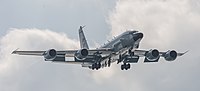 A US Air Force RC-135W Rivet Joint on final apparoach to Kadena Air Base in Okinawa, Japan.