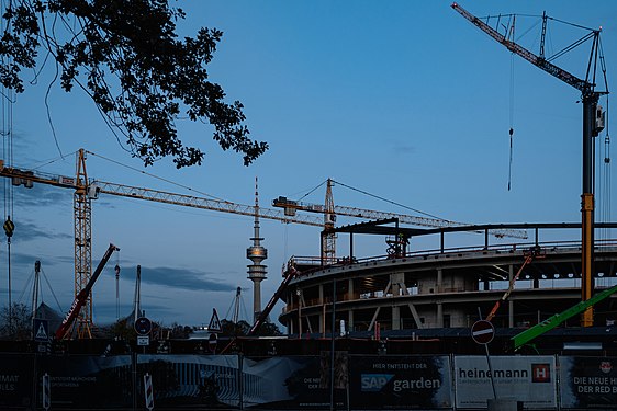 Construction site of the SAP Garden at twilight