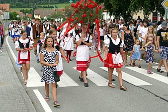 Za povozem jde celý svatební průvod na konec vsi k „domku“ Konopičky