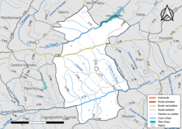 Carte en couleur présentant le réseau hydrographique de la commune