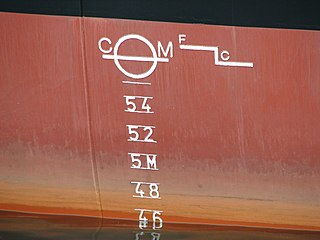 Waterline special marking that indicates the draft of the ship and the legal limit to which a ship may be loaded for specific water types and temperatures in order to safely maintain buoyancy, particularly with regard to the hazard of waves that may arise