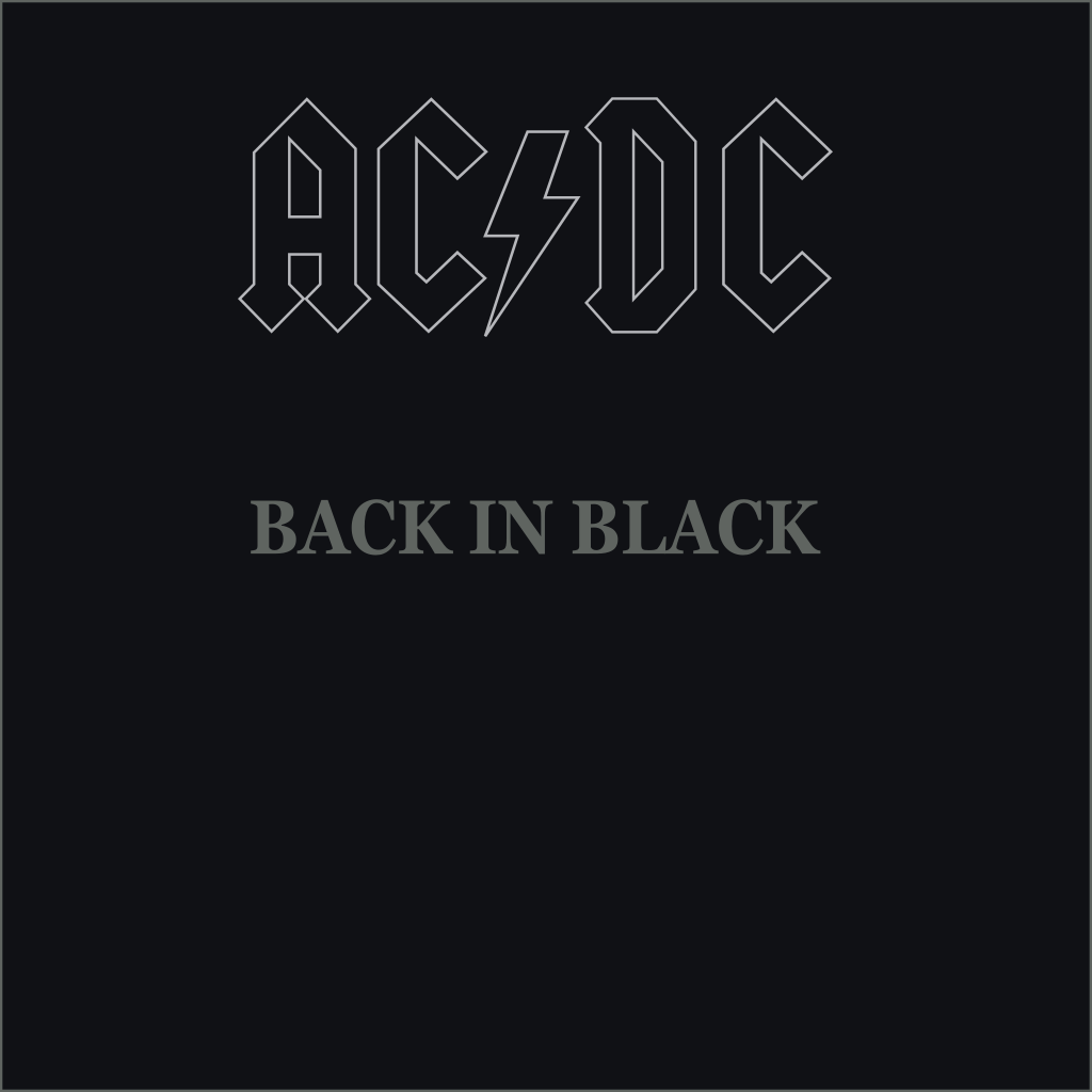 A black cover with "ACϟDC / BACK IN BLACK" in grey