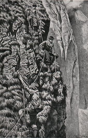Descent of the Southeast Face of the Hofats East Summit in a drawing by Ernst Platz in the 1896 German Alpine Club Yearbook Abstieg von Hoefats.jpg