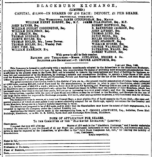 An advert inviting buyers for shares in Blackburn Exchange Company Ltd to fund the Cotton Exchange building Advert for Shares in Blackburn Exchange Ltd 1860.png