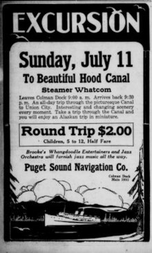 An advertisement from The Seattle Star, July 9, 1920, advertising an excursion featuring music from "Brooke's Whangdoodle Entertainers and Jazz Orchestra". Advertisement for a Sunday Excursion to the Hood Canal.jpg