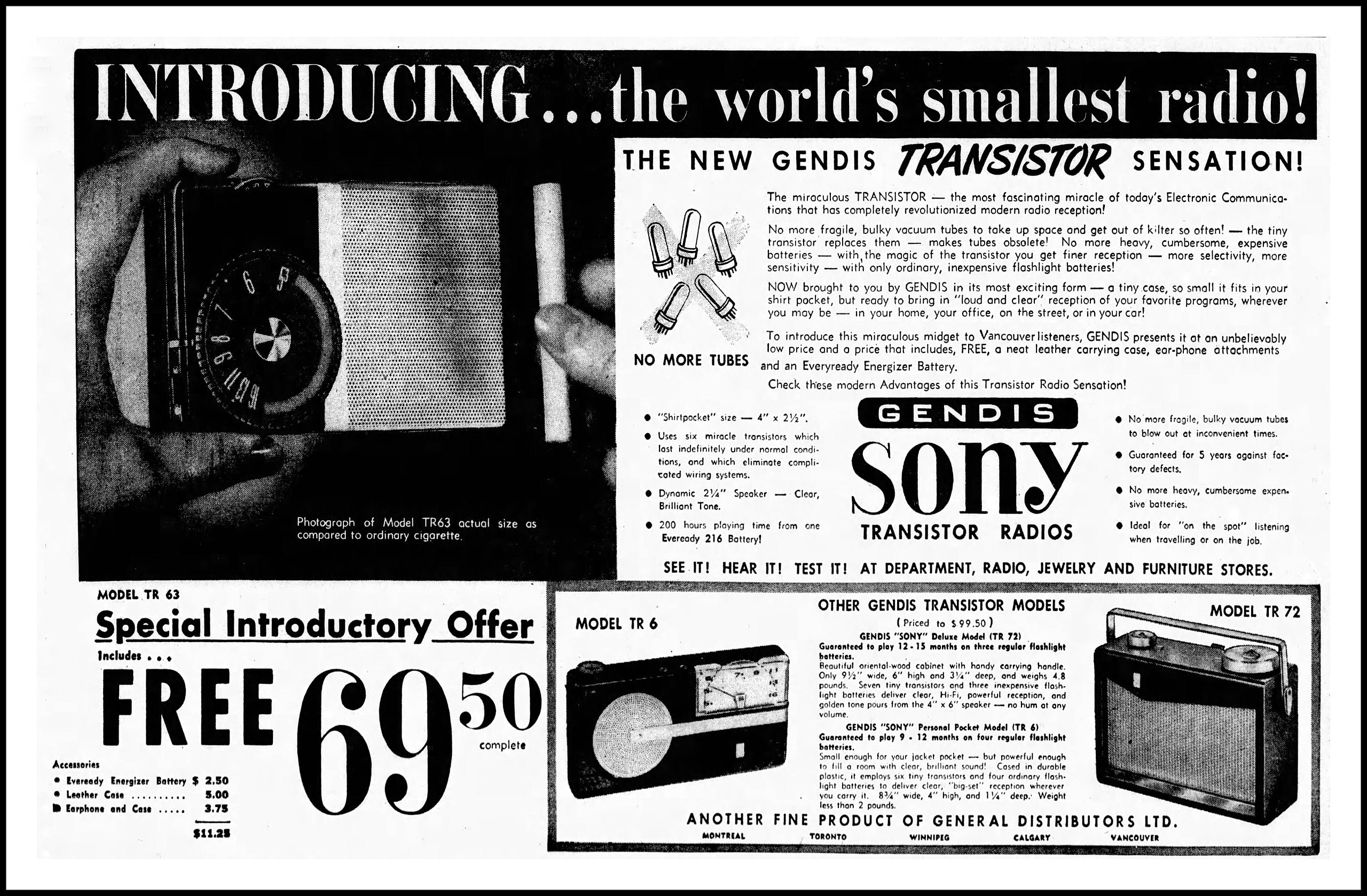 File:Advertising For Sony Transistor Radios (TR-6, TR-63 & TR-72) In The  Vancouver Sun Newspaper, July 26, 1957 (46264879332).jpg - Wikipedia