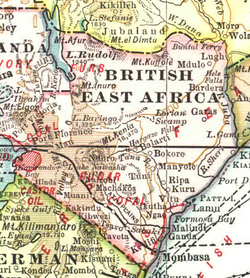 แผนที่บริติชอีสต์แอฟริกาใน ค.ศ. 1909