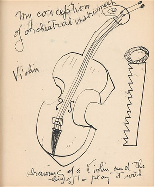 Journal entry by a young Antheil, showing a violin and hand saw, captioned, "Drawing of a violin and the thing to play it with"