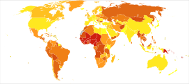 Deaths from Appendicitis in 2012 per million persons. Statistics from WHO, grouped by deciles   0-0   1-1   2-2   3-3   4-4   5-7   8-11   12-33   34-77 * The following groupings/assumptions were made: ** France includes the overseas departments as well as overseas collectivities. ** The United Kingdom includes the Crown dependencies as well as the overseas territories. ** The United States of America includes the insular areas. ** The Netherlands includes Aruba and the Netherlands Antilles. ** Denmark includes Greenland and the Faroe islands.